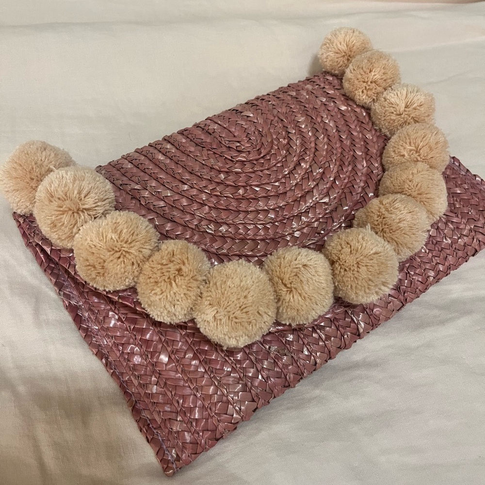 Pink Woven Clutch with Pom-Poms